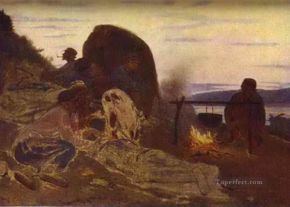barge haulers by campfire 1870 Ilya Repin Oil Paintings